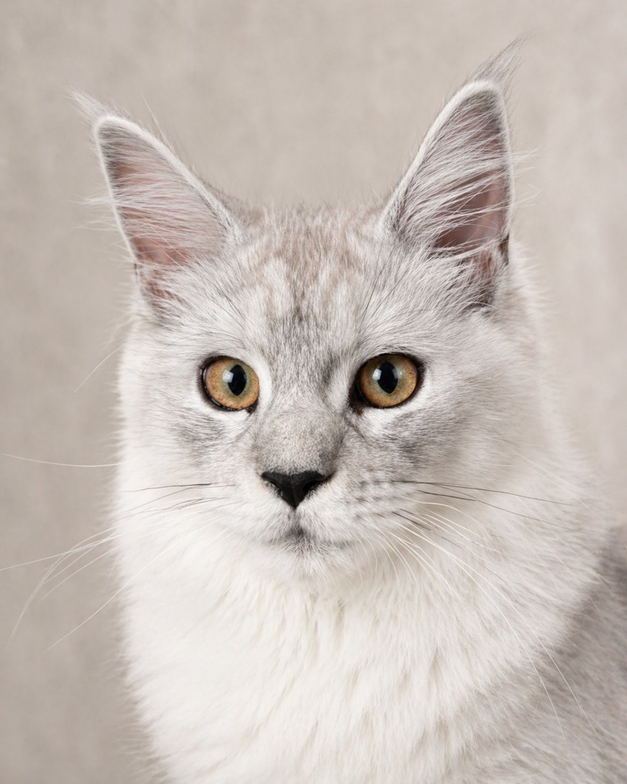 Portrait photograph of Deborah, a silver smoke Maine Coon.