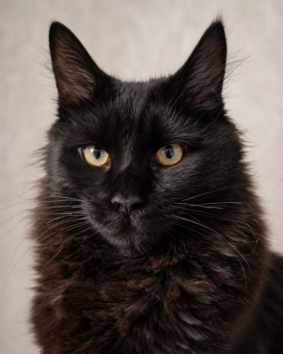 Portrait photograph of Dexter, a solid black Maine Coon.