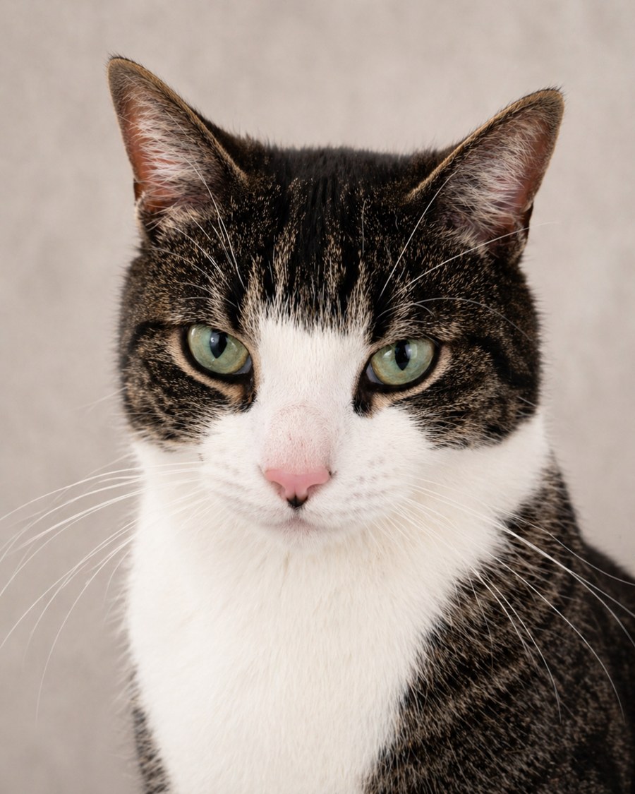 Portrait photograph of Fred, a white and tabby cat.
