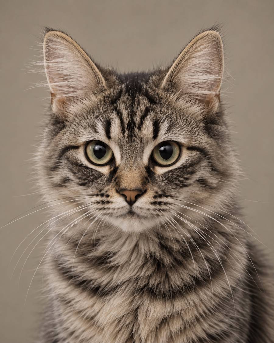 Portrait photograph of Kitty, a Maine Coon/Ragdoll cross.