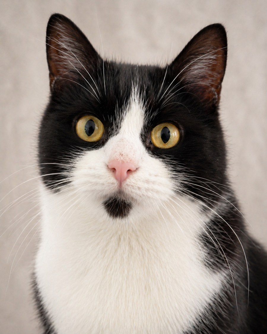 Portrait photograph of Luna, a fluffy black and white cat.
